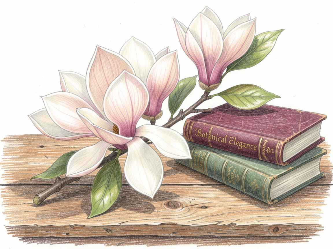 A detailed botanical study of a blooming magnolia branch, resting on a rustic wooden table beside vintage books, evoking romance, elegance, and quiet beauty.