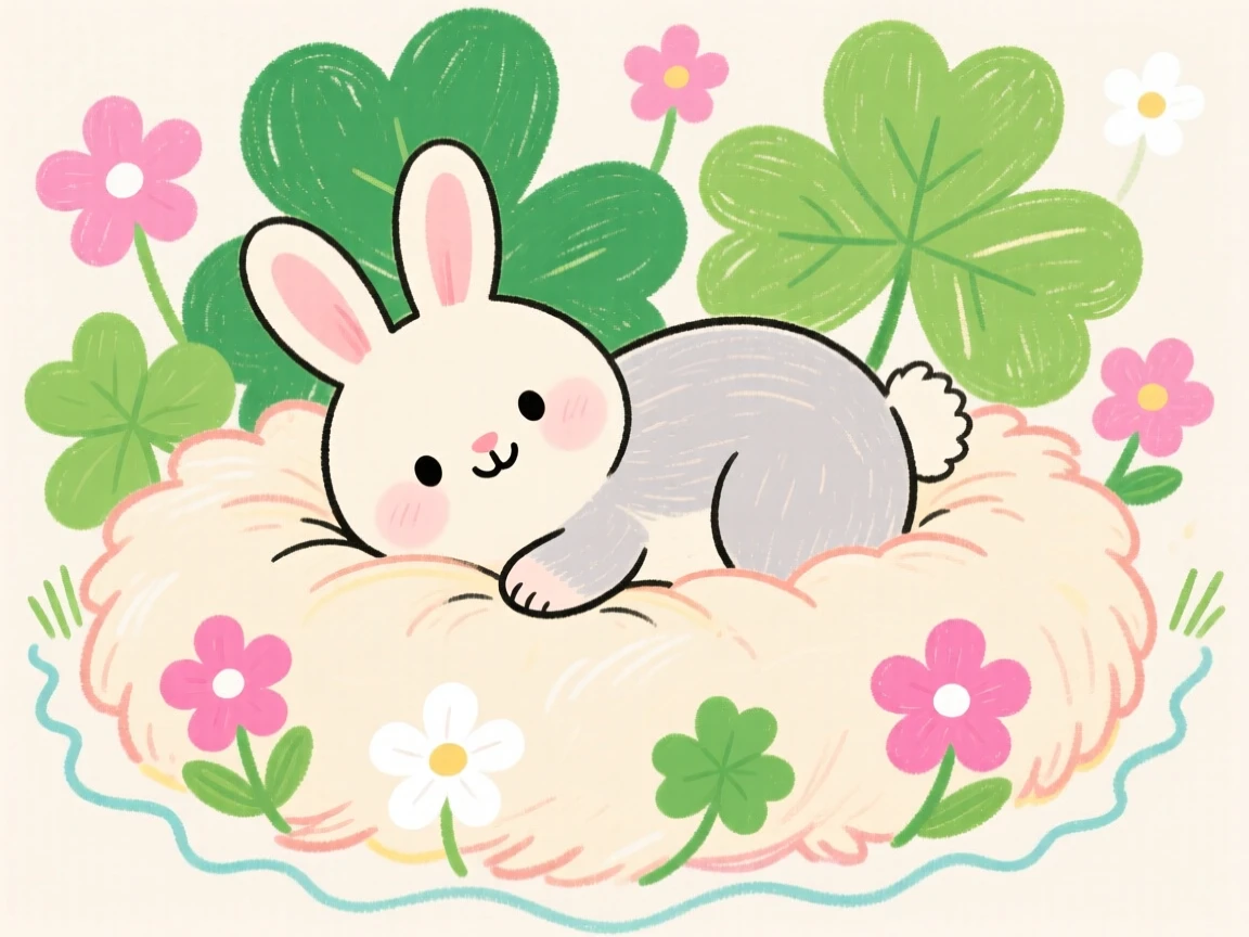A soft baby bunny resting on a bed of clover.