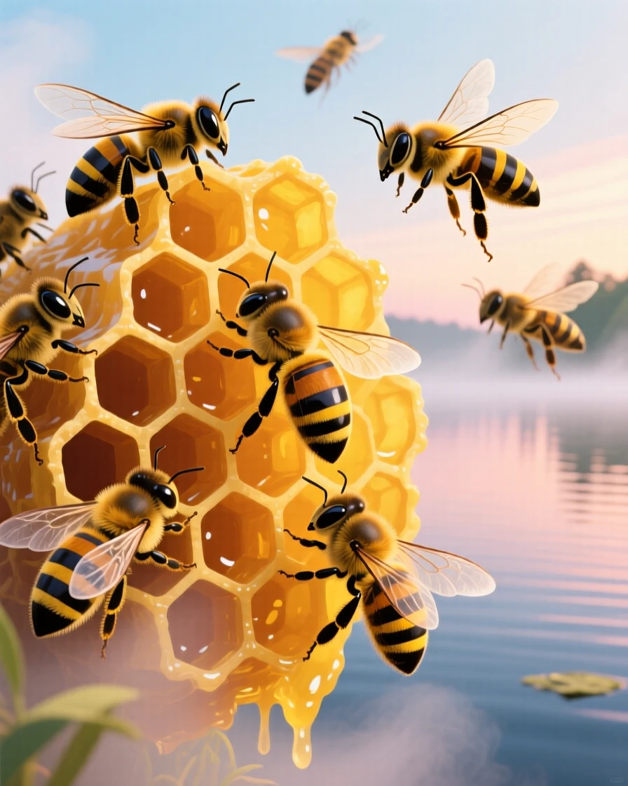A group of bees swarming around a hexagonal honeycomb, surrounded by soft morning mist over a quiet lake, shown in close-up detail highlighting texture and expression, with vivid, richly saturated colors that pop.