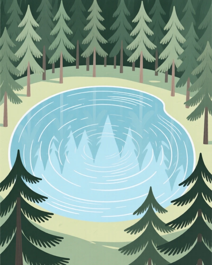 A tranquil hidden lagoon surrounded by tall pines, with gentle ripples on the surface.