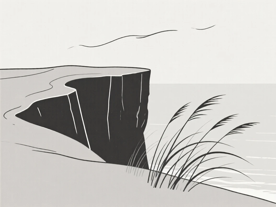 A windswept clifftop, quiet and still, cradles a sea cliff resting beside tall grass bending in the wind, capturing a feeling of gentle stillness.