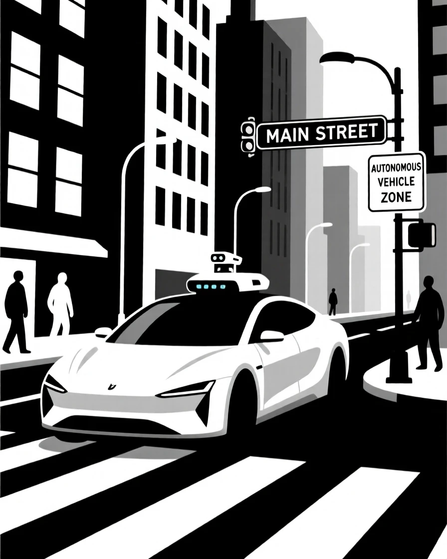 A self-driving car navigating a busy city street.