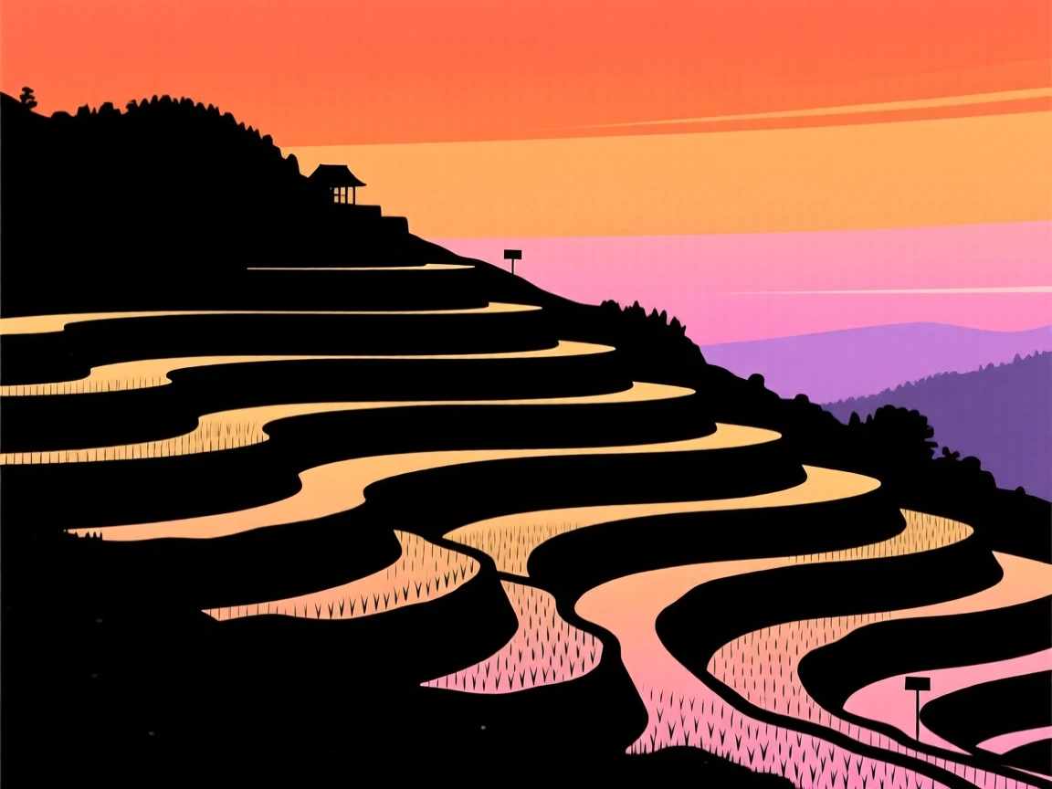 Layered rice terraces cascading down a hillside like giant steps.
