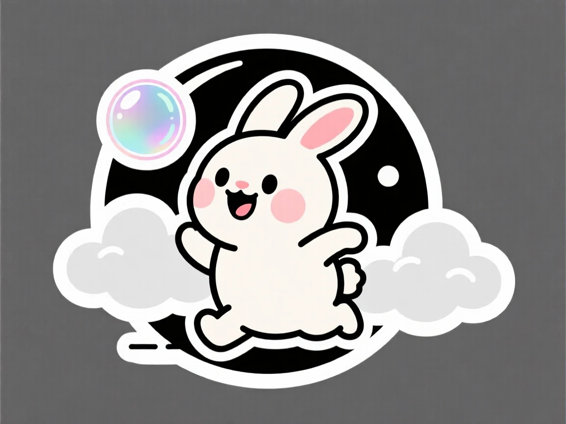 An overjoyed round moon rabbit chasing a floating soap bubble, floating among fluffy clouds.