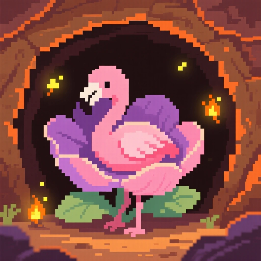 A baby flamingo learning to stand sitting inside a flower like a cozy chair, inside a cozy burrow lit by fireflies.