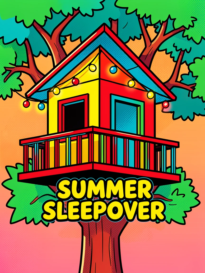A child's treehouse decorated with string lights for a summer sleepover