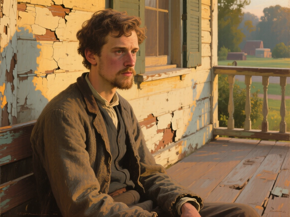 A detailed close shot of a handsome young man on a weathered porch, marked by weary resilience, in late afternoon.