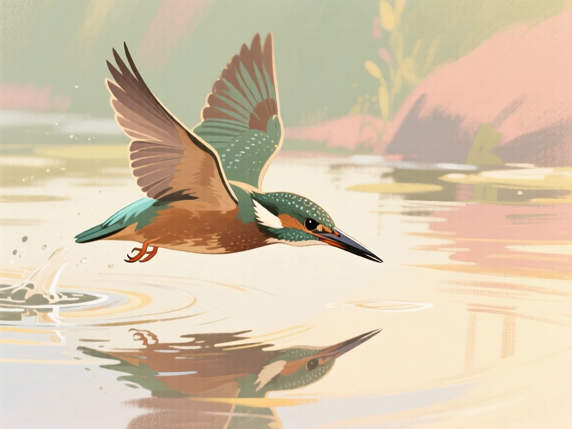 A kingfisher diving toward a glassy stream