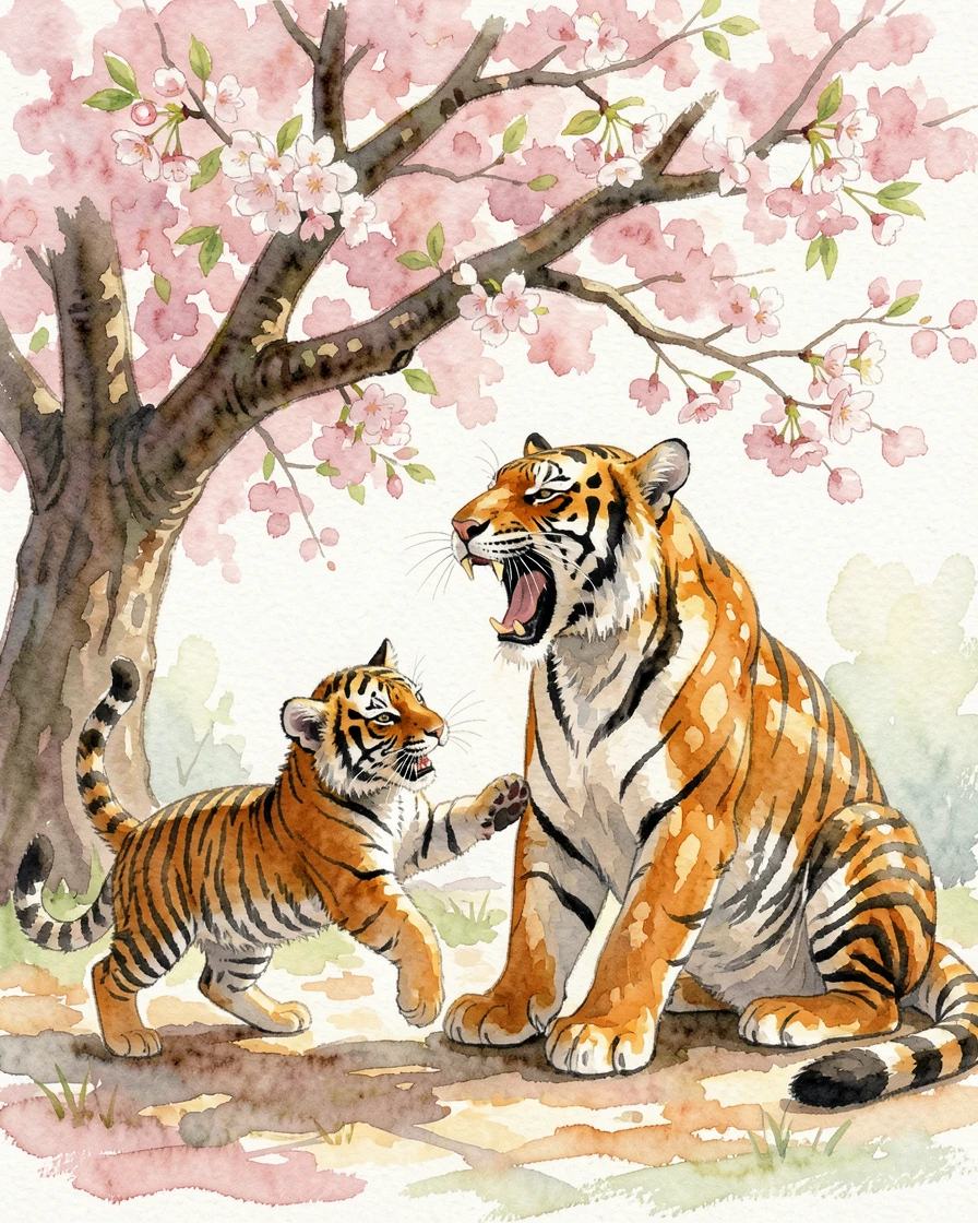 A tiger cub playing with its mother under a blooming cherry tree mid-yawn and stretching.