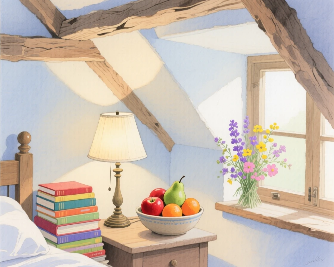 A charming view of a rustic attic bedroom, with a stack of books piled beside a lamp, featuring a bowl of fresh fruit and wildflowers