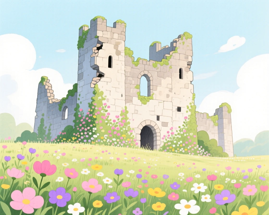 An awe-inspiring look at a crumbling castle ruin overtaken by wildflowers.