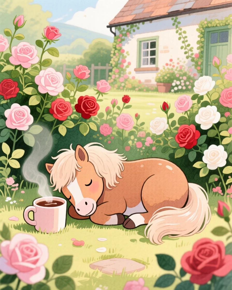 A shetland pony curled up asleep next to a warm mug of cocoa, set in a sunny cottage garden overflowing with roses, sparking a feeling of tender nostalgia.