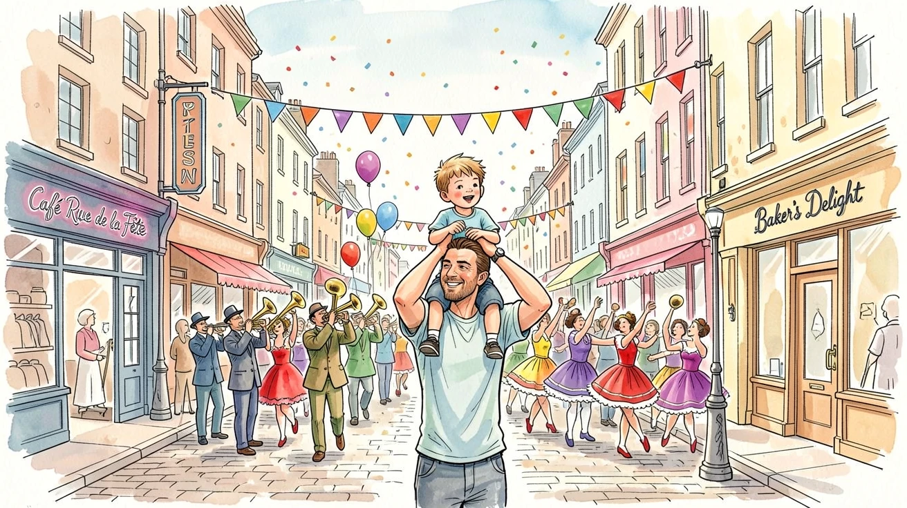 A father lifting his son onto his shoulders to watch a parade pass by on a festive city street