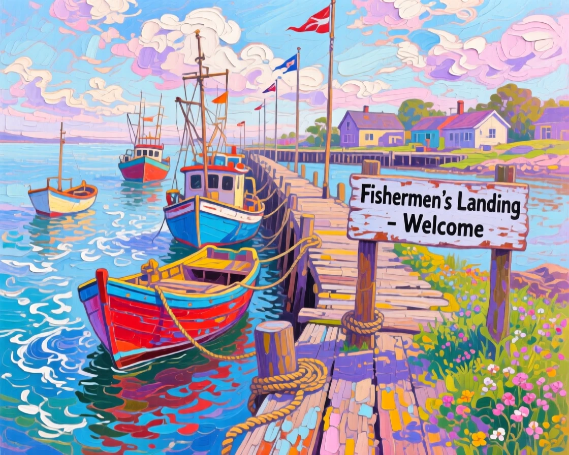 a row of fishing boats returning to a village pier, on a breezy spring afternoon, composed along a natural leading line.