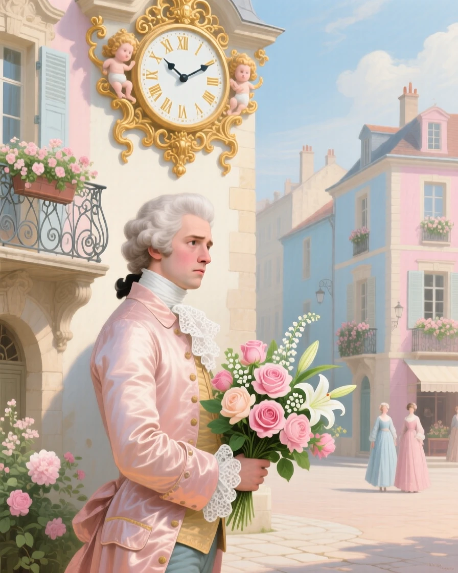 A gentleman waiting anxiously beneath a clock tower with a bouquet hidden behind his back  