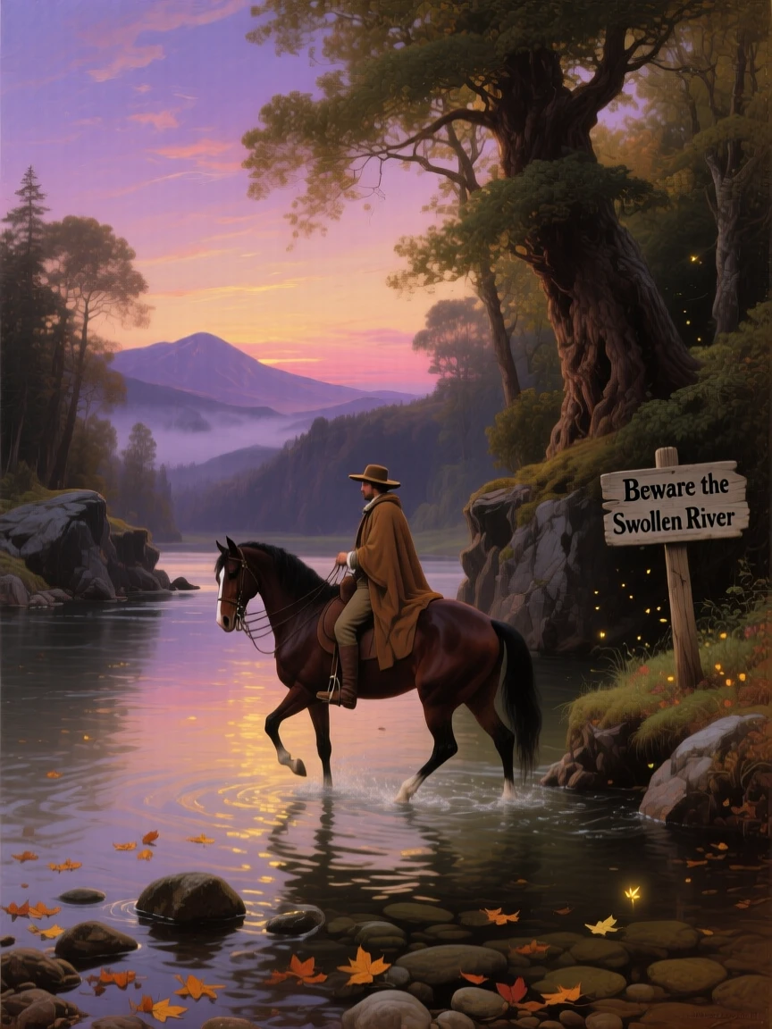 A rider crosses a shallow river ford on horseback at twilight.