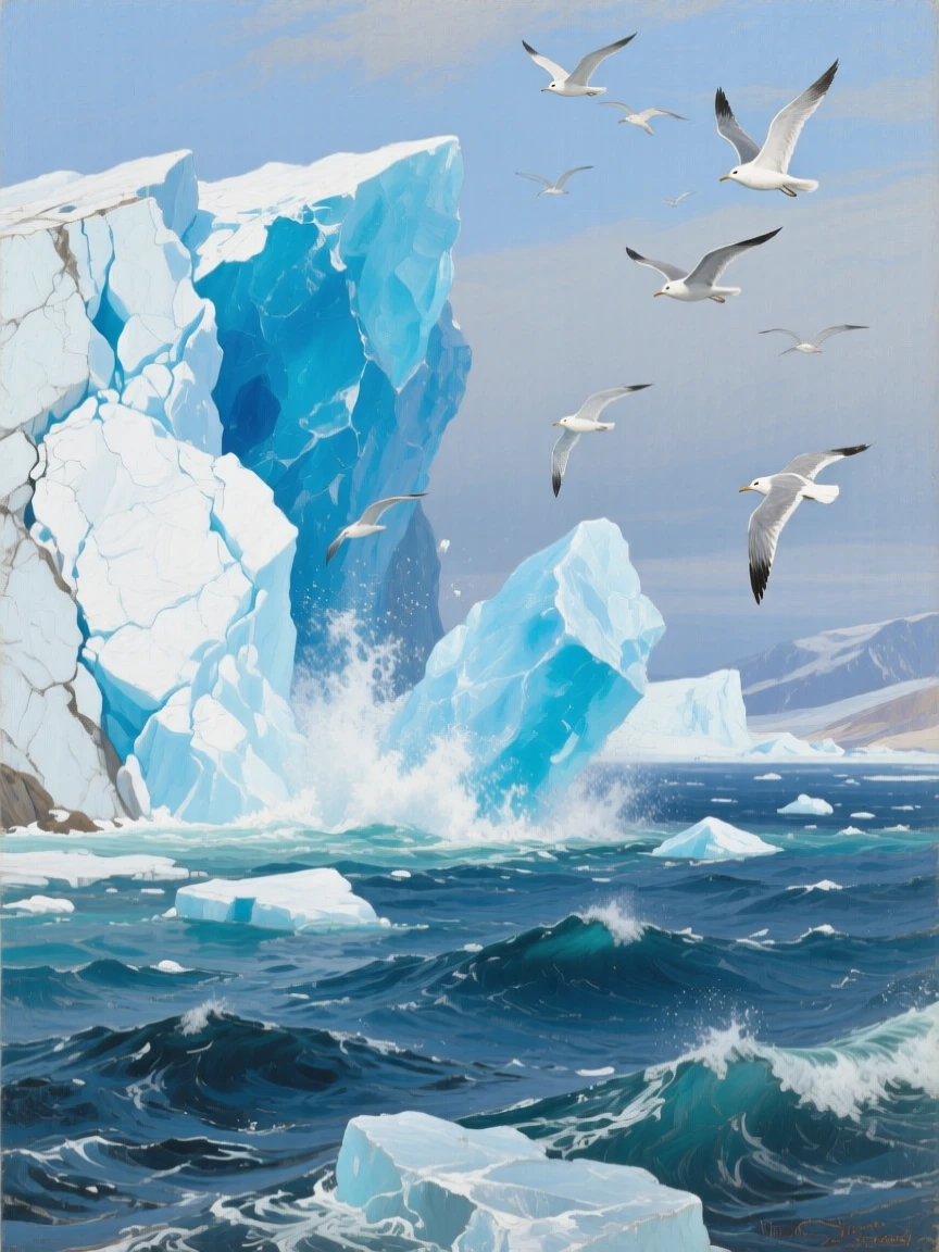 A glacier calving enormous chunks of blue ice into a polar sea, as birds circle gracefully overhead, capturing the raw power and quiet majesty of untouched nature