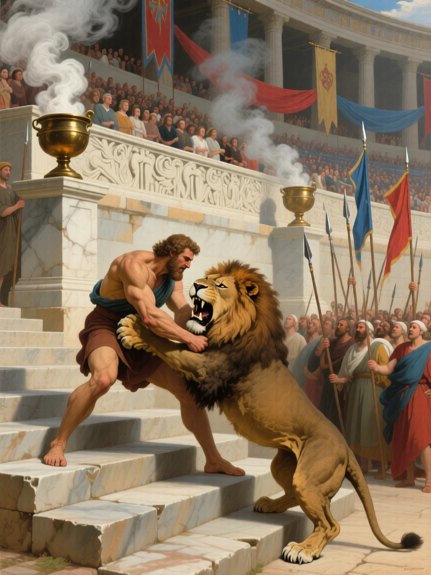 Hercules wrestling the Nemean lion with bare hands at the height of a decisive and unforgettable moment, set on the steps of a grand amphitheater filled with spectators, as smoke from ceremonial braziers curls upward past carved friezes; diagonal lines of spears and banners lead the eye to the central figure, filled with reverence for legend made flesh.