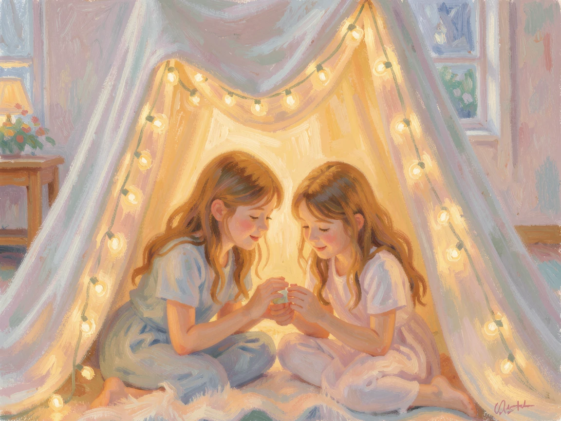 A pair of sisters sharing secrets under a blanket fort lit by string lights.