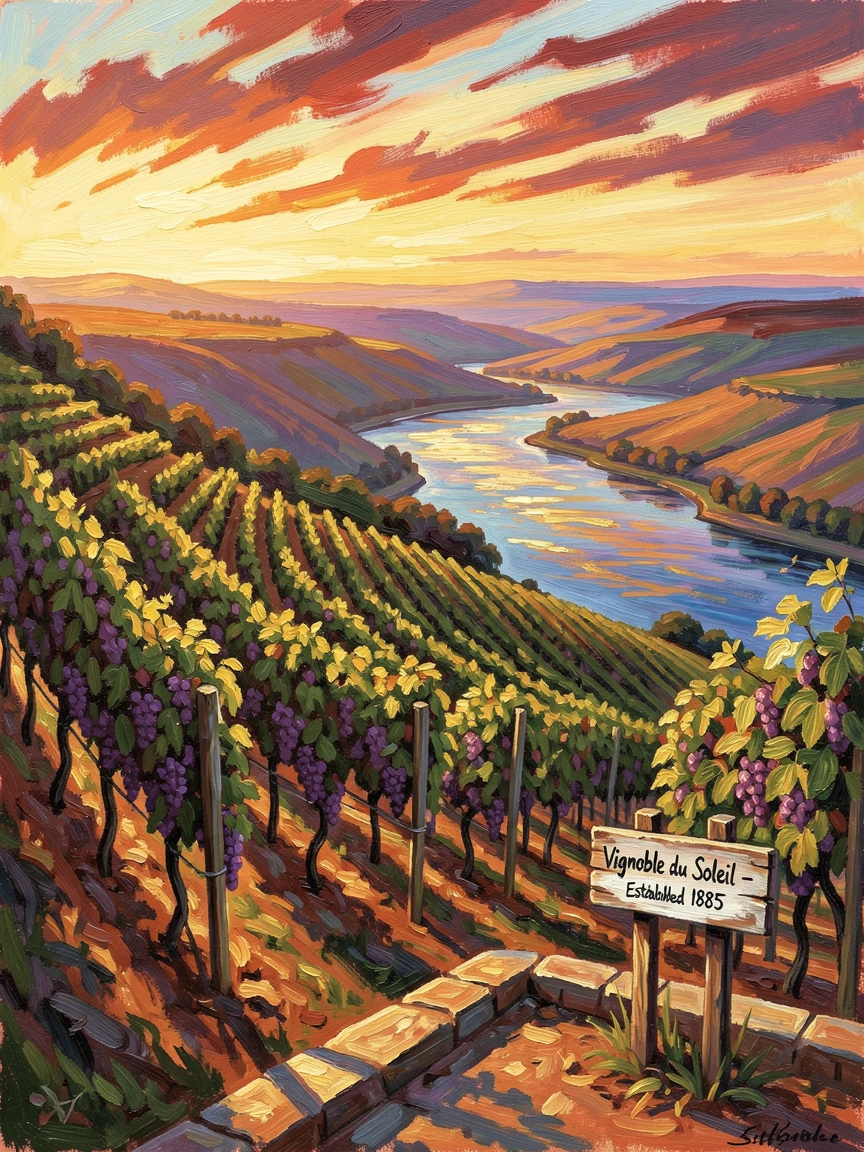 A steep vineyard terrace overlooking a river valley at golden hour.