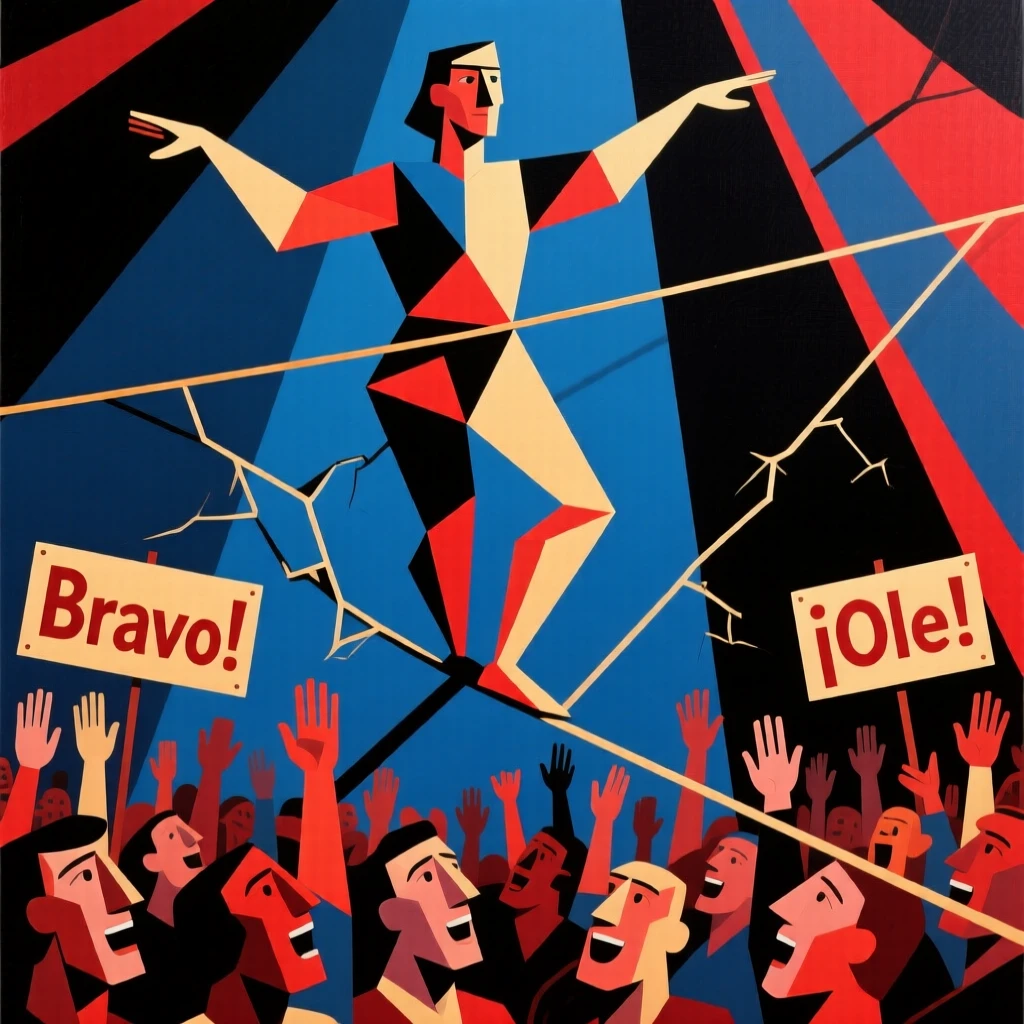 A tightrope walker balancing high above a cheering circus crowd.