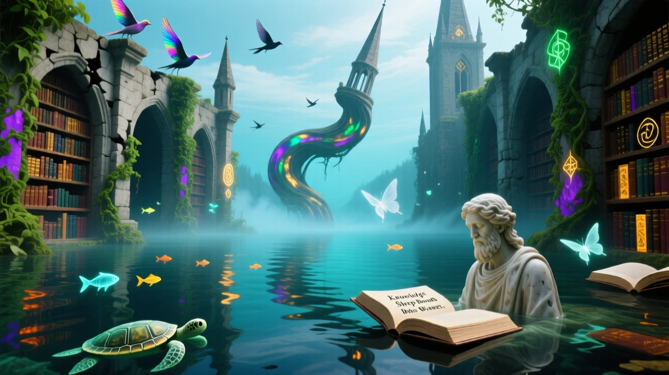 A forgotten library sunk quietly beneath a still, clear lake holds its secrets quietly behind crumbling stone walls, while birds nest peacefully among its crumbling towers.