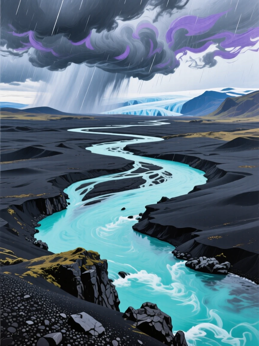 A glacial river in Iceland carves through black volcanic sand, its milky turquoise water braiding into multiple channels beneath a sky streaked with dramatic storm clouds, distant weather visible on the horizon hinting at conditions that will arrive within the hour.