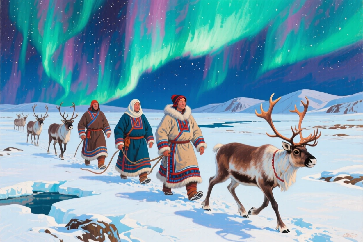 A group of Sami reindeer herders crossing a snowy arctic tundra beneath the aurora borealis