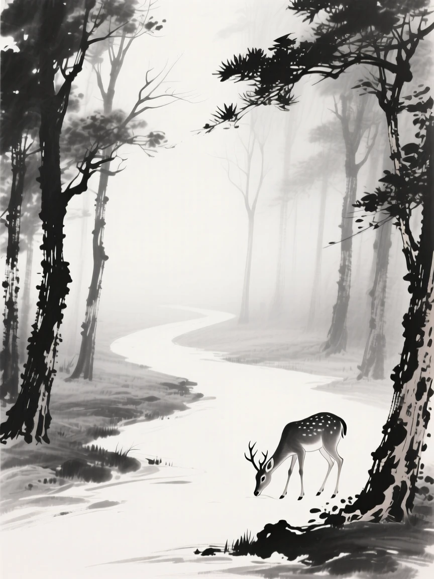 a forest path shrouded in mist, with a deer grazing quietly at the forest edge.