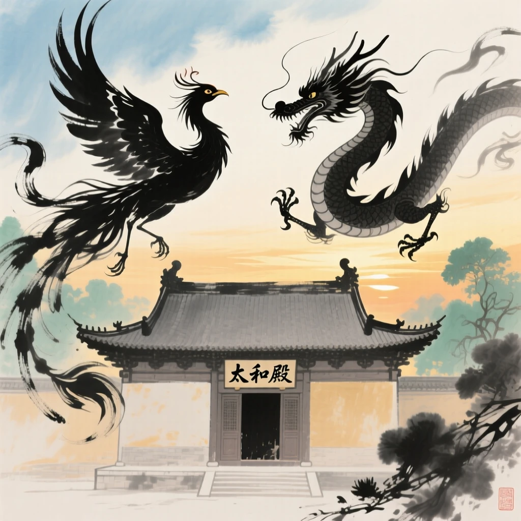 A phoenix and dragon circling above a temple bathed in golden light, brimming with peaceful contentment, at dawn.