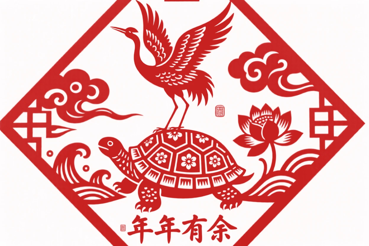 A crane standing on a tortoise's back, centered within a diamond-shaped panel, a wish for prosperity in the year ahead.