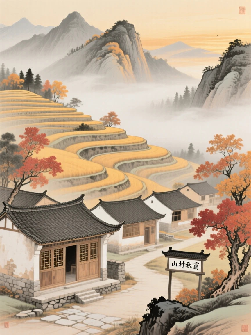 A mountain village wrapped in autumn mist, with soft golden light spilling across the terraced fields