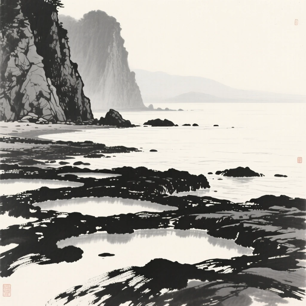 A tide pool coastline exposed at low water beneath towering rock walls softened by haze, seen from across the water, the far shore reduced to soft silhouette, evoking a deep sense of solitude and quiet grandeur.
