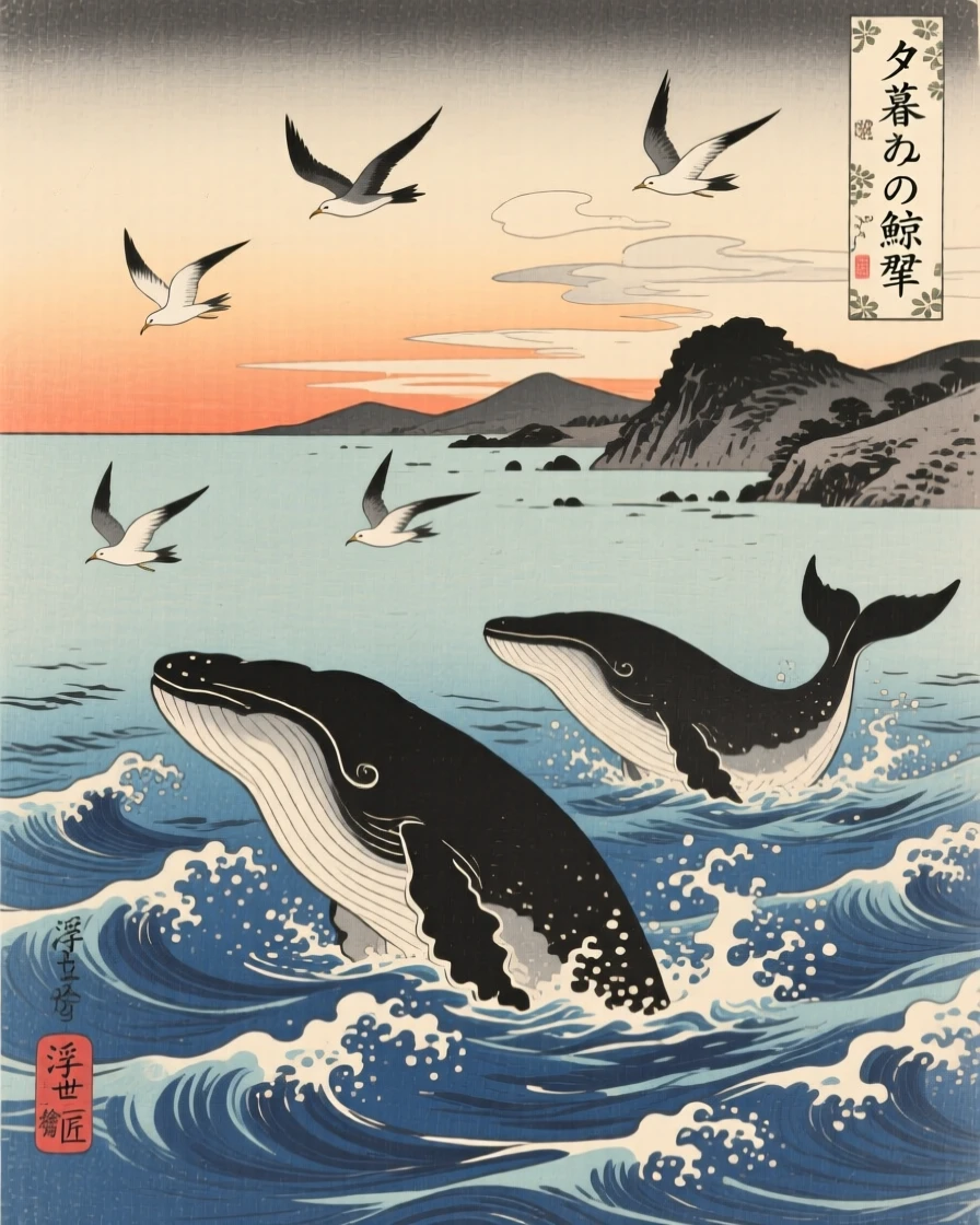 A pod of breaching whales surrounded by circling seabirds, in the last light of evening.