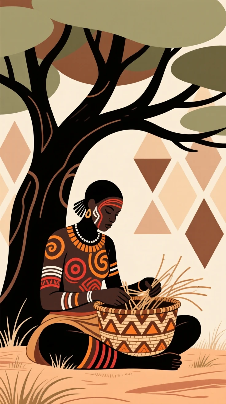 A patient basket weaver practicing under the shade of a large tree.