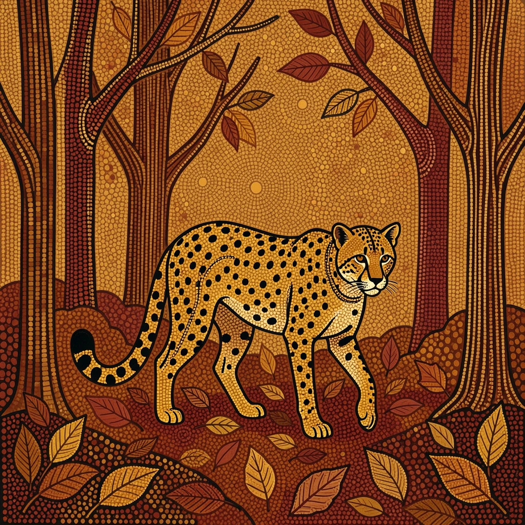 A cheetah wandering through an autumn woodland