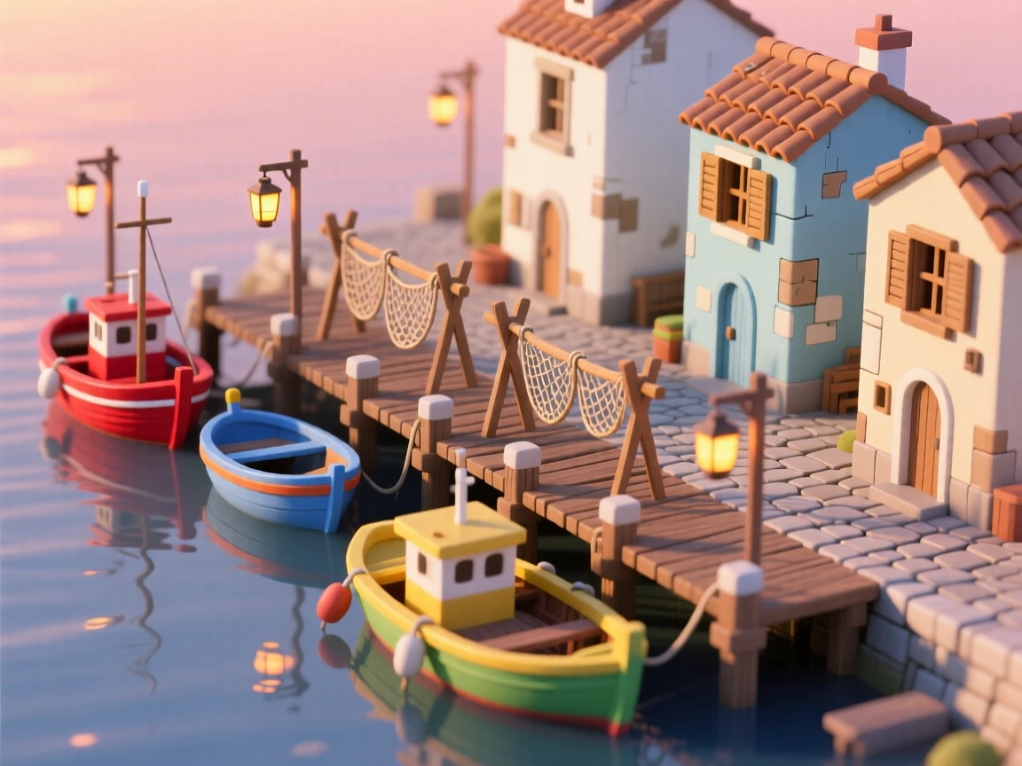 A coastal fishing village at sunset, with colorful boats lined up along the harbor, nets drying on wooden racks, and lanterns being lit along the pier one by one.