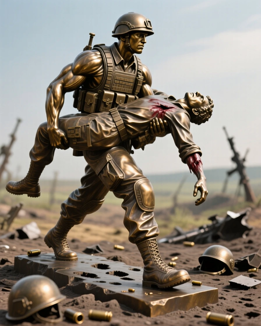A soldier carrying a wounded friend across the battlefield, with muscles tensed in graceful strength, forming a strong central focal point