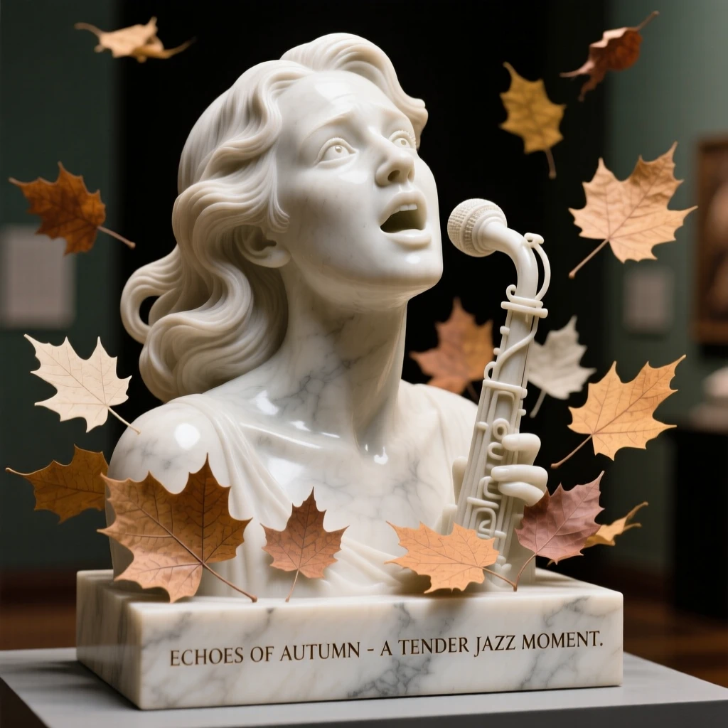 A tender portrait of a jazz singer mid-note, eyes wide with wonder, surrounded by drifting autumn leaves, evoking warmth and humanity