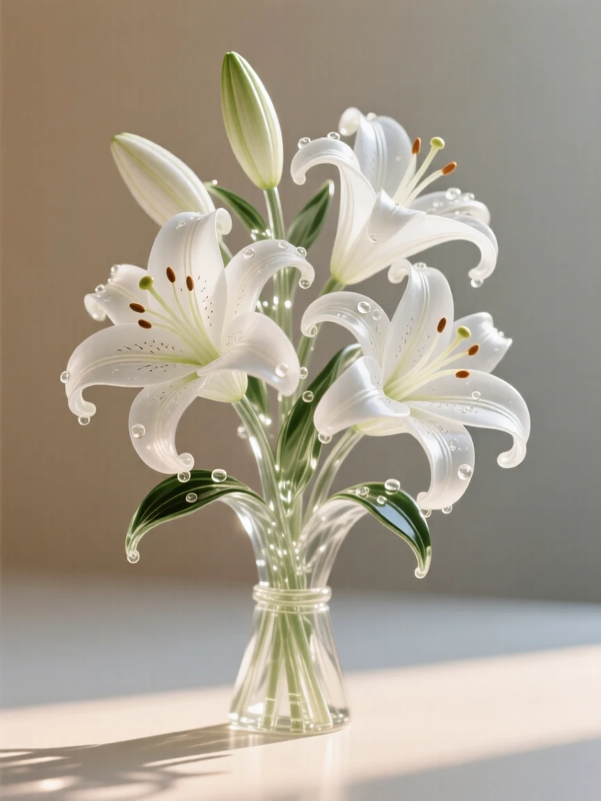 A bouquet of white lilies, backlit by soft morning sunlight, dew drops clinging to the petals, composition centered and intimate, evoking freshness and calm.