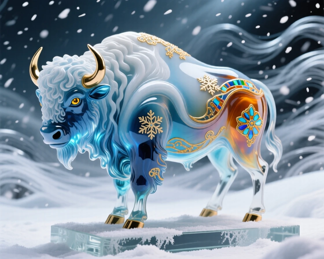 A lone bison standing defiantly in a raging snowstorm, resilient and powerful.