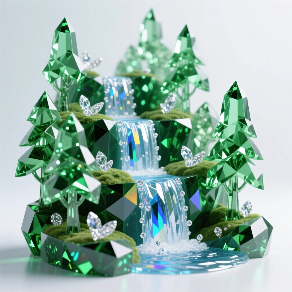 A tranquil highland waterfall cascading in three tiers through green forest.