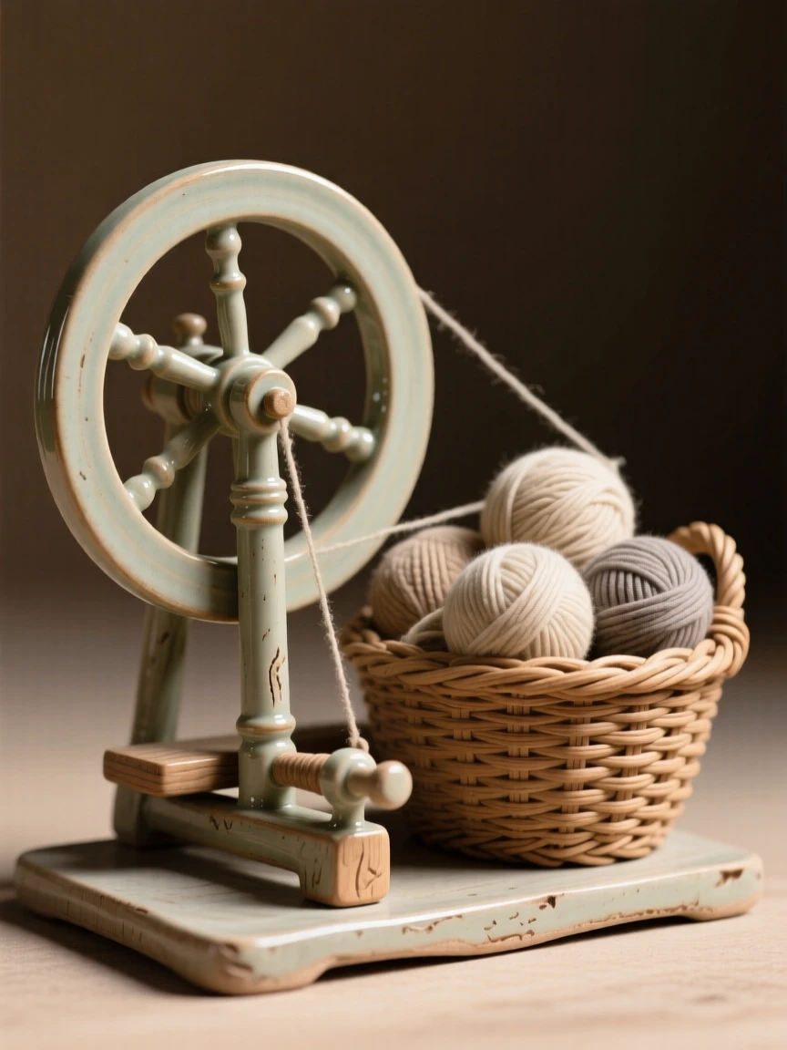 A spinning wheel beside a basket of yarn staged with careful, artful precision, its surface polished to a gentle sheen, stirring fond memories of simpler times.