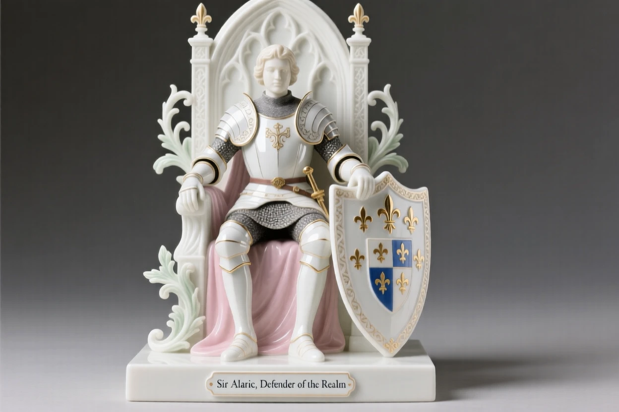 A regal medieval knight seated upon an ornate throne, surrounded by the trappings of a bygone era.