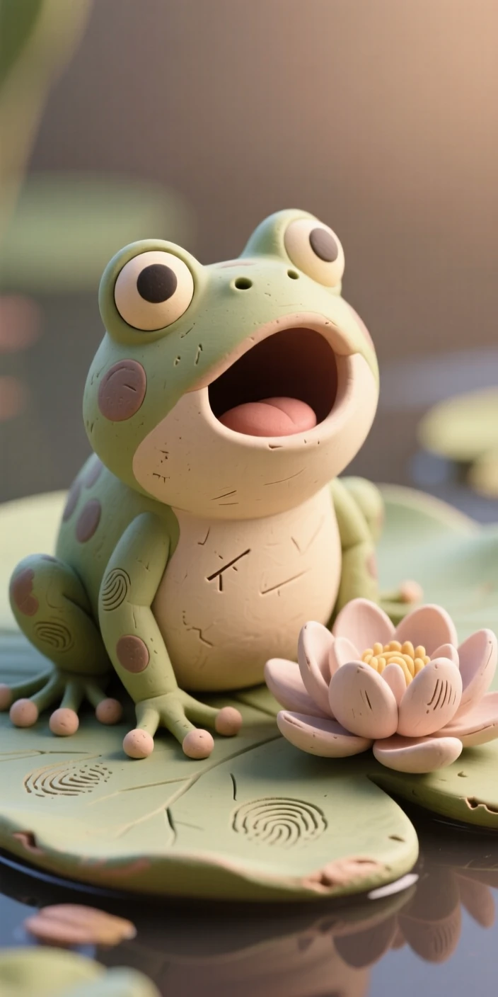 A frog perched on a lily pad mid-croak beside a blooming water lily