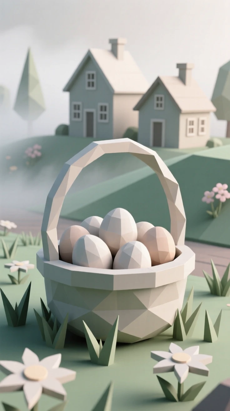 A Easter basket filled with pastel eggs in a spring garden, as morning mist clears over a festive village. rich seasonal colors bring the scene to life. The scene feels warm and celebratory.