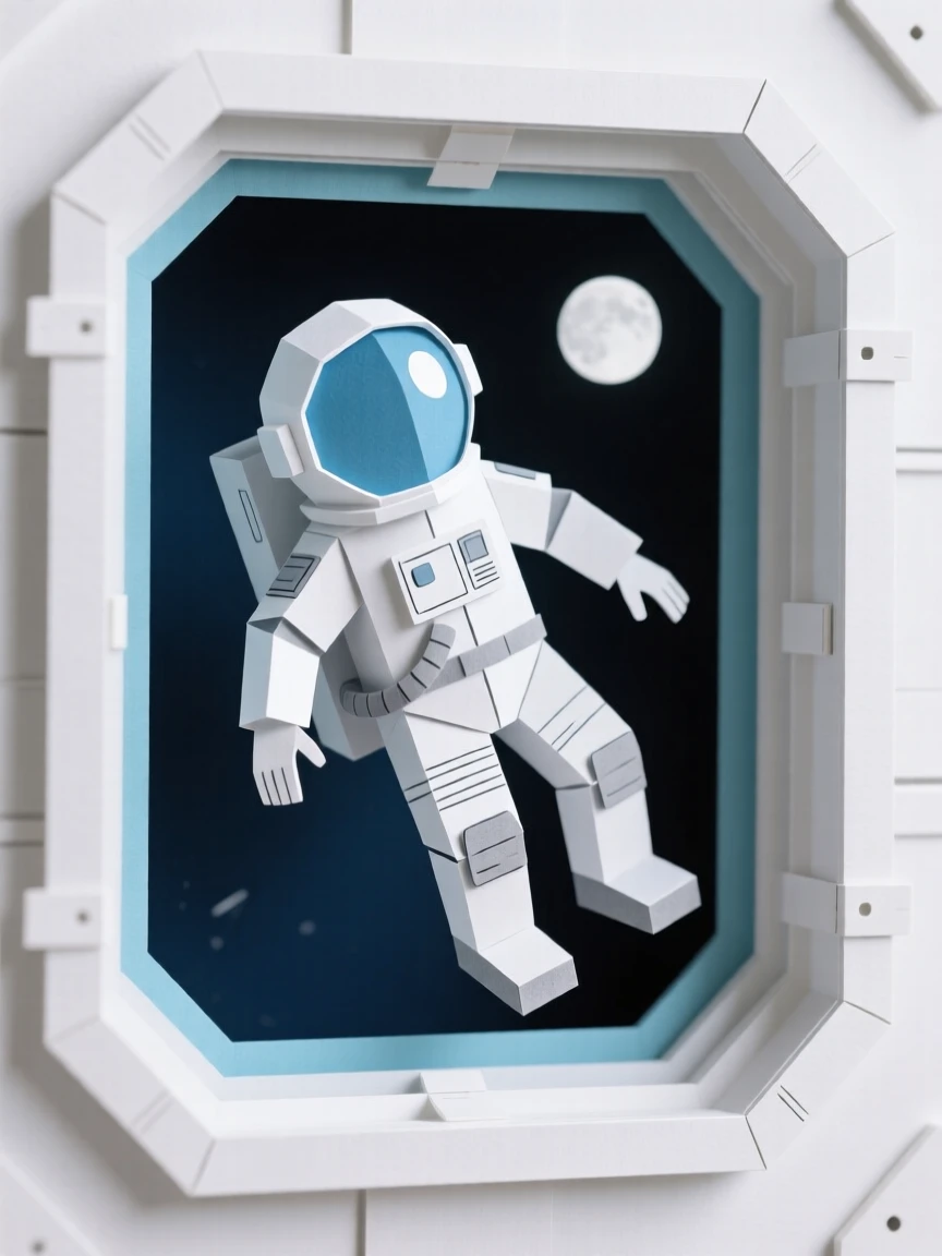 An astronaut floating weightlessly inside a spacecraft window, Earth glowing brilliantly blue behind them, capturing wonder, isolation, and the scale of exploration.