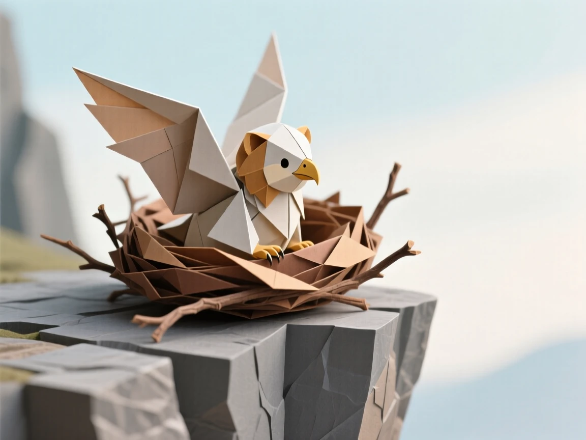 A baby griffin chick nestled in a nest of twigs high on a cliffside ledge.