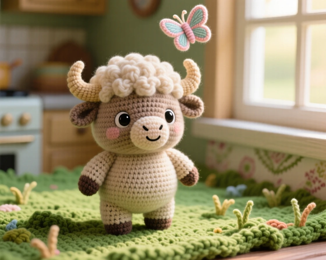 a plump baby bison, with a woolly hump and curved horns, standing sturdily on a wide grassy plain, set in a warm kitchen windowsill with morning light streaming in, with a single fluttering butterfly overhead, evoking warm affection and comfortable belonging.