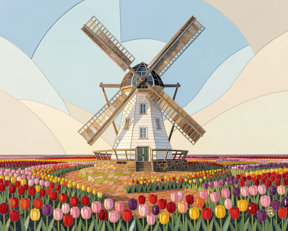 A traditional windmill standing among Dutch tulip fields.